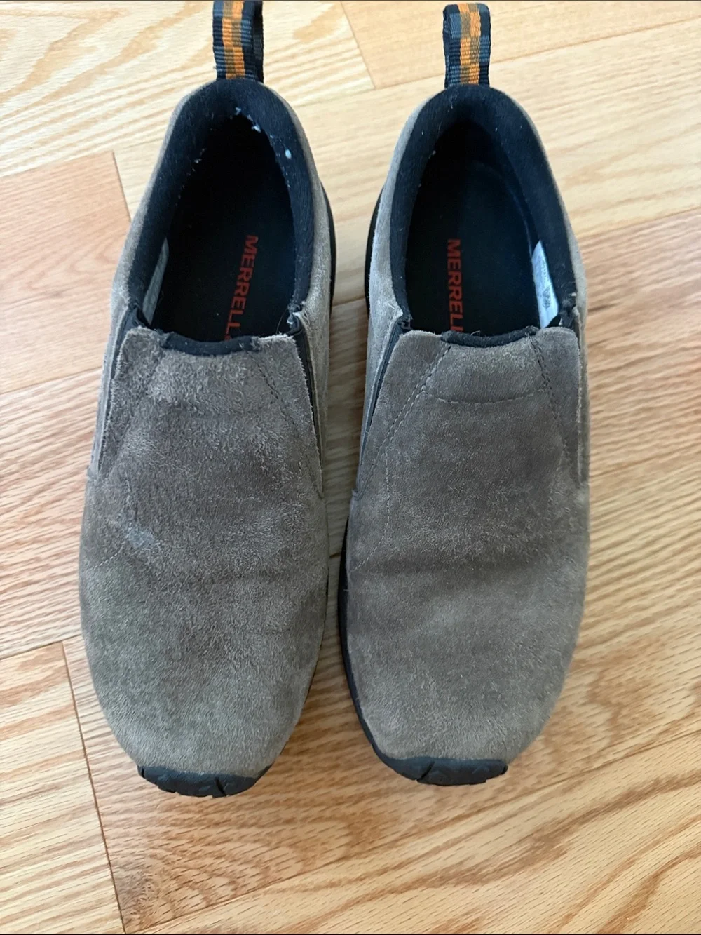 Merrell Slip-On Suede Loafers in Brown with Black Accents